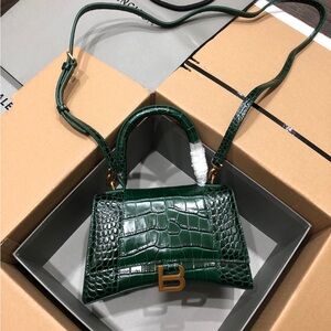 Balenciaga Hourglass Xs Croc-Embossed Leather Top Handle Satchel, Green